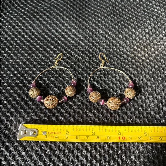 Bohemian Gold Filigree Hoop Earrings with Purple Cat's Eye Beads - Picture 5 of 6